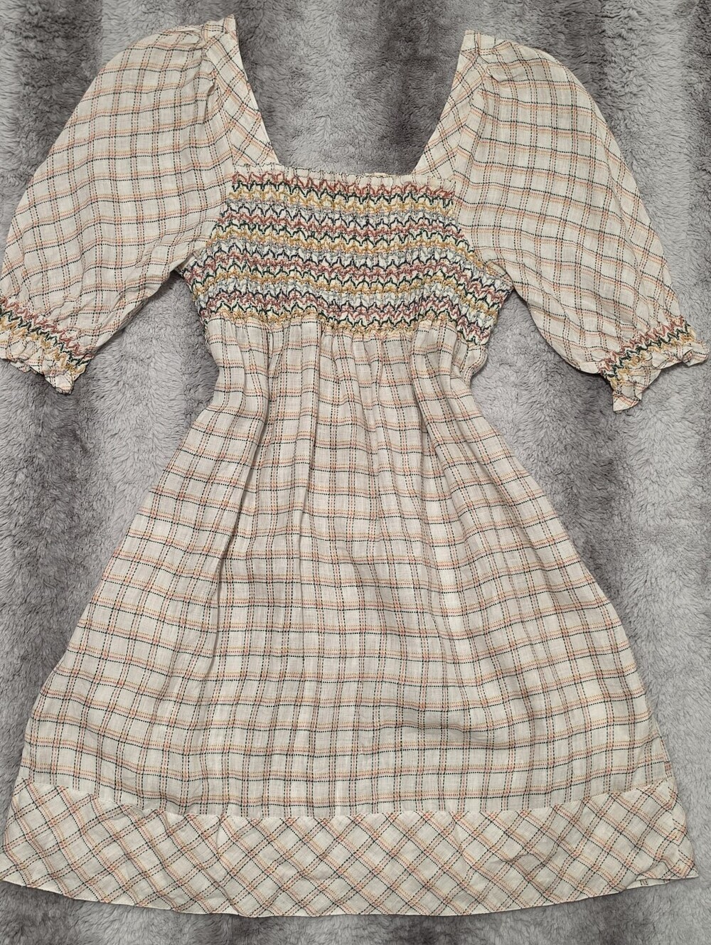 Flaherty 100% Linen Plaid Smocked Bodice Mini Dress | Puff Sleeve Square Neck |